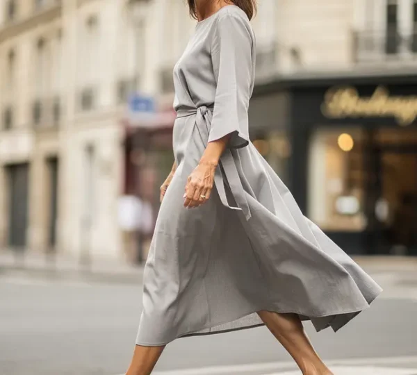 Femme élégante marchant avec des mocassins en cuir sur un trottoir parisien