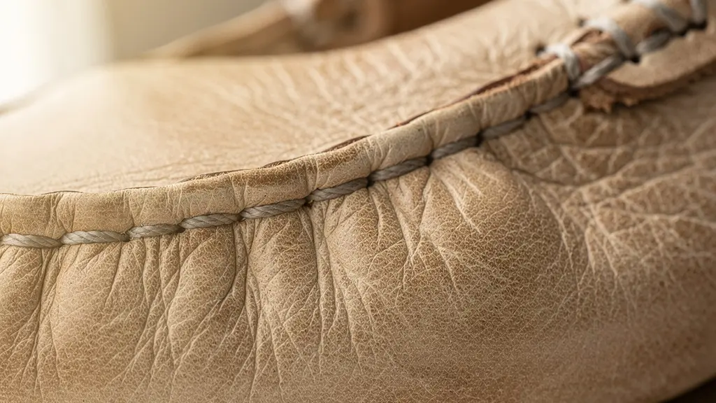 Détail texture cuir Buffalino sur mocassin artisanal français